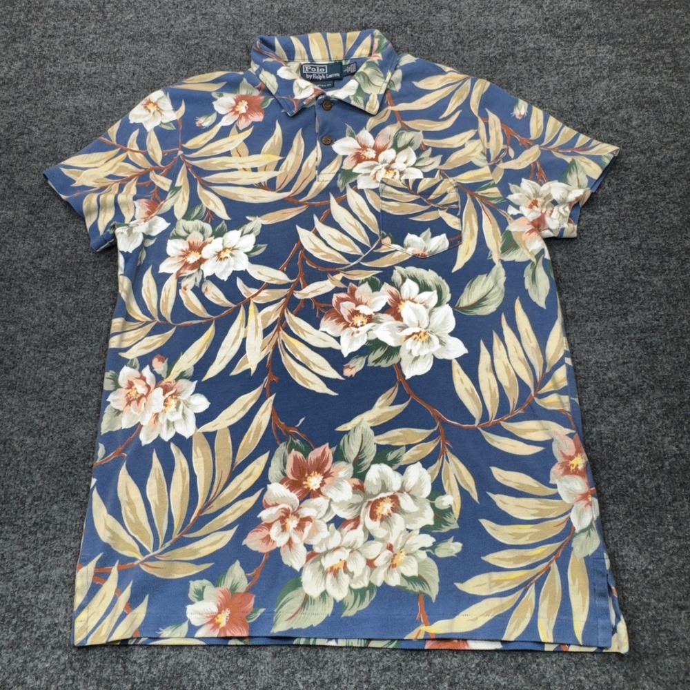 Vintage Polo Ralph Lauren Shirt Mens Large Blue Floral Hibiscus Hawaiian Pocket
